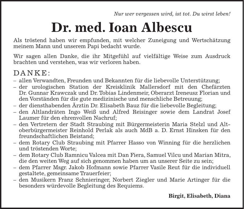 Traueranzeige Dr. med. Ioan Albescu