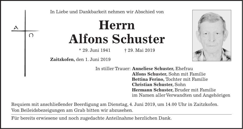 Traueranzeige Alfons Schuster