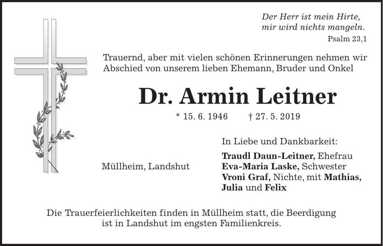Traueranzeige Armin Leitner