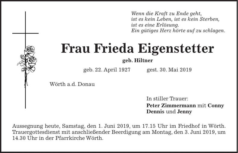 Traueranzeige Frieda Eigenstetter