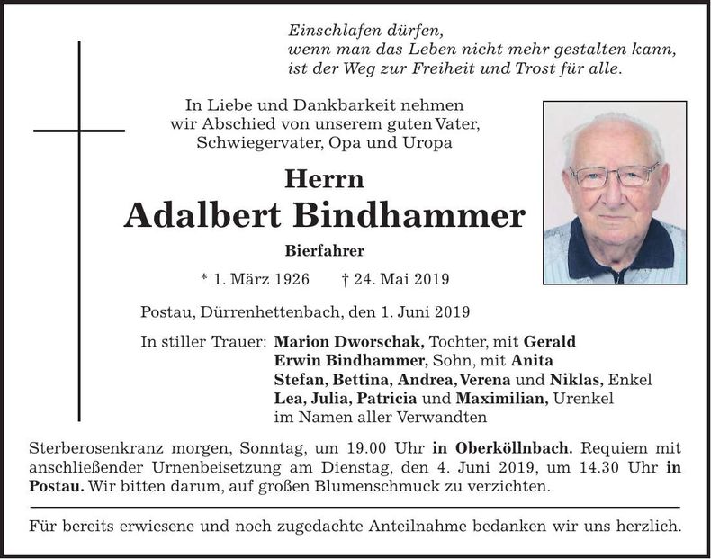 Traueranzeige Adalbert Bindhammer