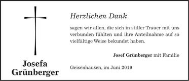 Traueranzeige Josefa Grünberger