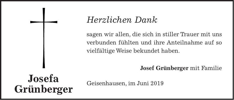 Traueranzeige Josefa Grünberger