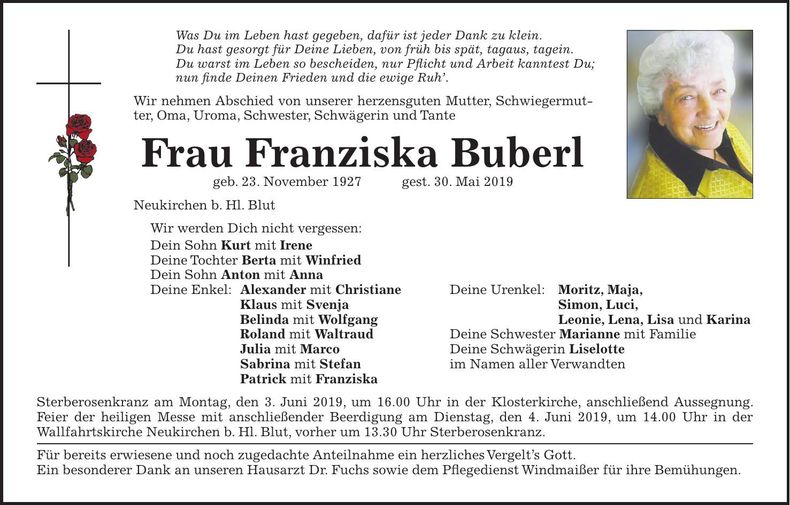 Traueranzeige Franziska Buberl
