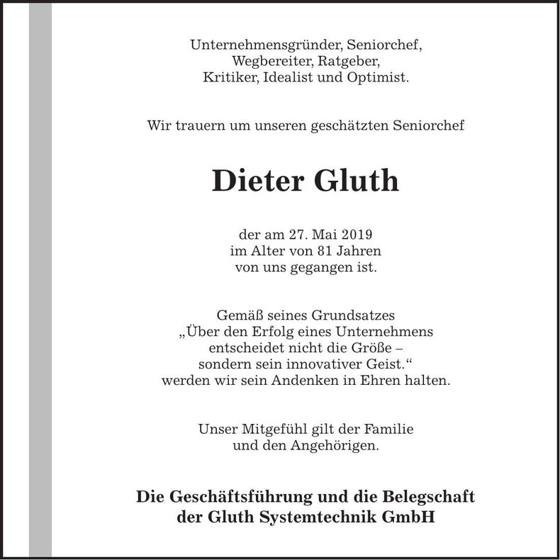 Traueranzeige Dieter Gluth