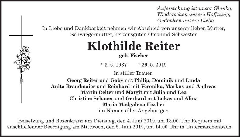Traueranzeige Klothilde Reiter