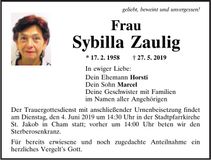 Traueranzeige Sybilla Zaulig