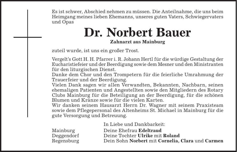 Traueranzeige Norbert Bauer