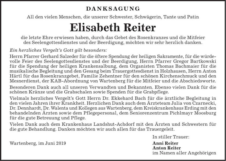 Traueranzeige Elisabeth Reiter