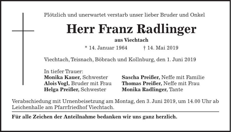 Traueranzeige Franz Radlinger