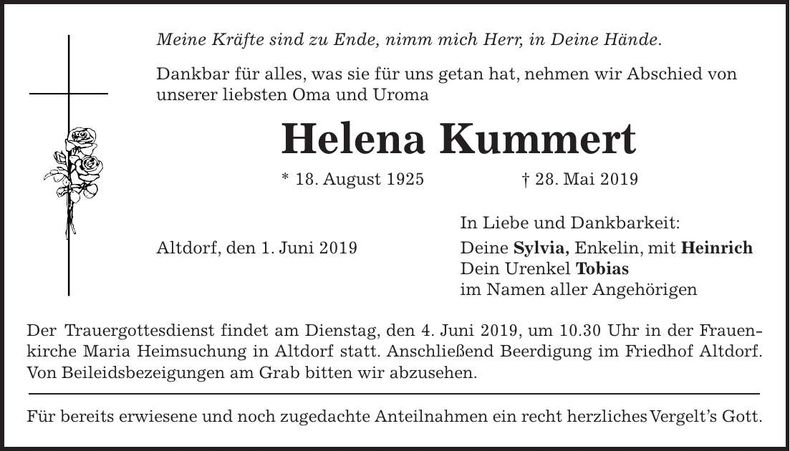 Traueranzeige Helena Kummert