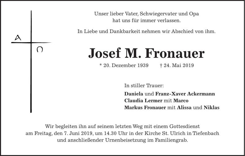 Traueranzeige Josef Fronauer