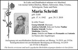 Traueranzeige Maria Schrödl