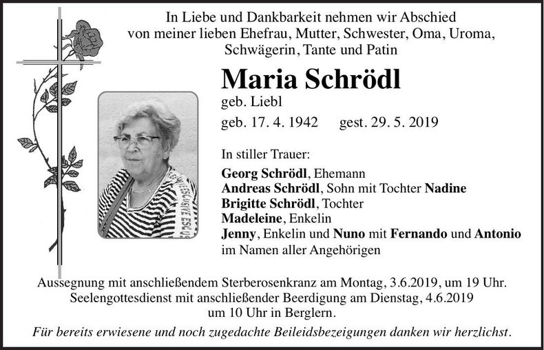Traueranzeige Maria Schrödl