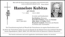 Traueranzeige Hannelore Kubitza