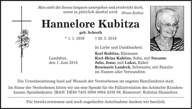 Traueranzeige Hannelore Kubitza