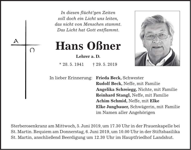 Traueranzeige Hans Oßner