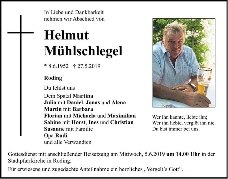 Traueranzeige Helmut Mühlschlegel