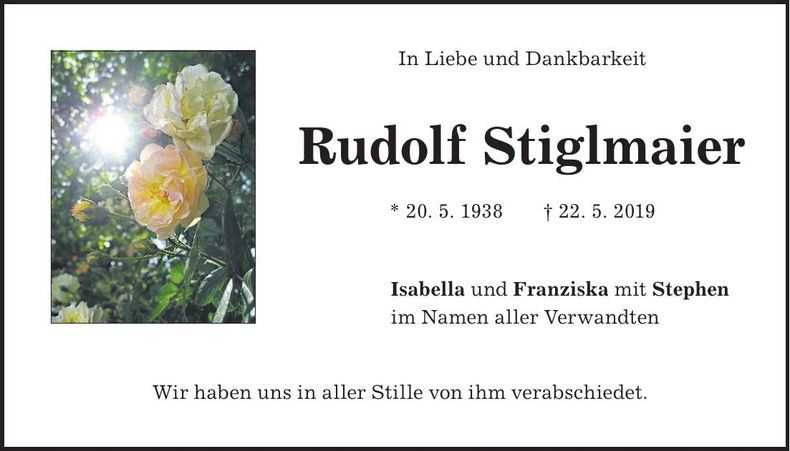 Traueranzeige Rudolf Stiglmaier