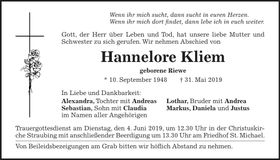 Traueranzeige Hannelore Kliem