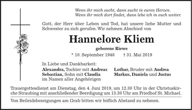 Traueranzeige Hannelore Kliem