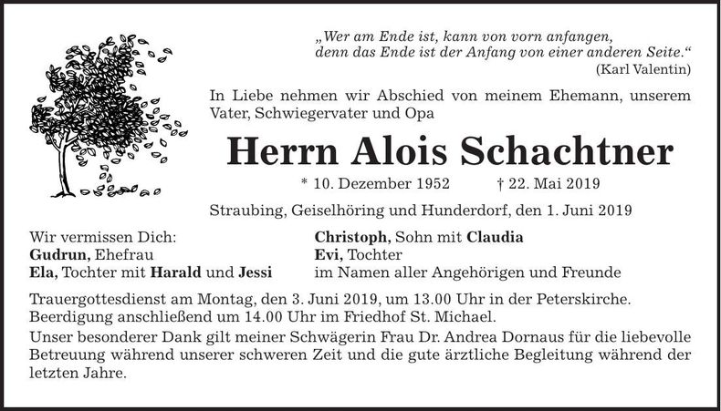 Traueranzeige Alois Schachtner