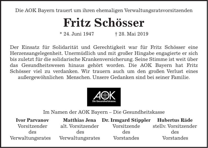 Traueranzeige Fritz Schösser