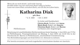 Traueranzeige Katharina Diak