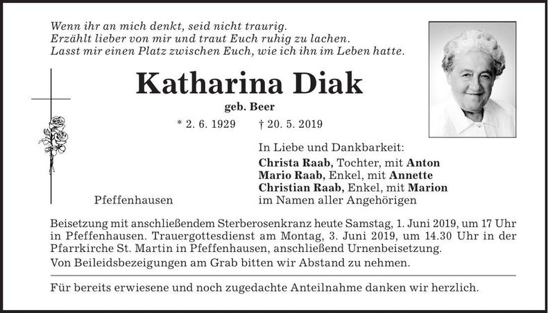 Traueranzeige Katharina Diak