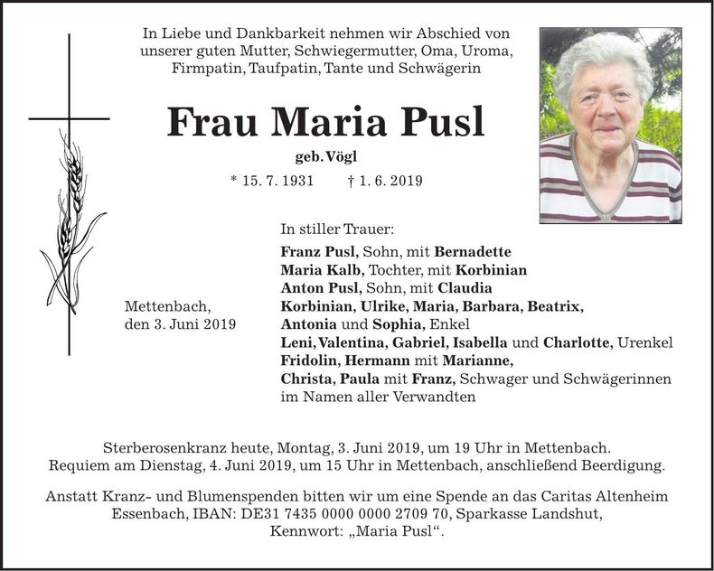 Traueranzeige Anna Pusl