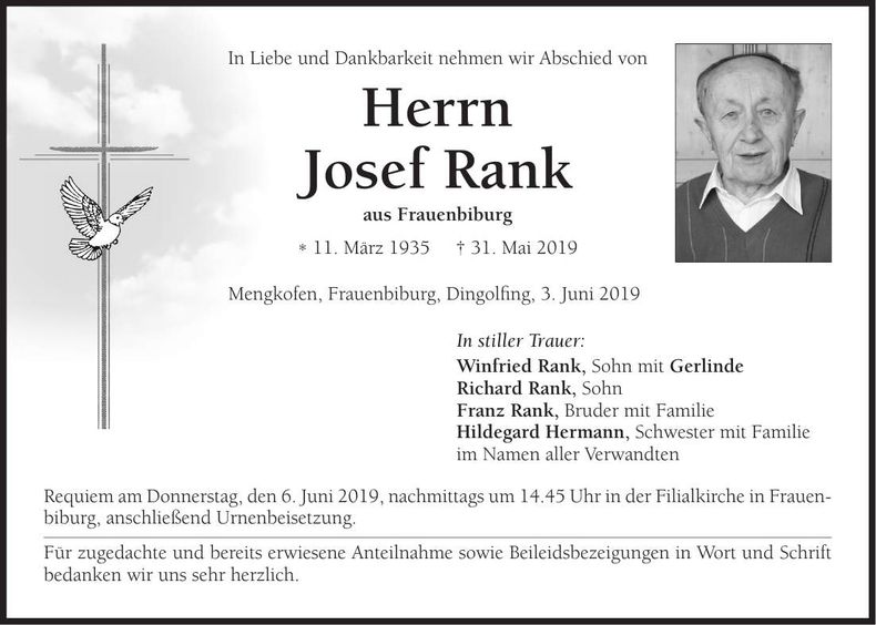 Traueranzeige Josef Rank
