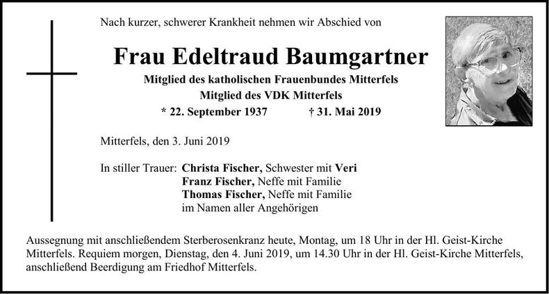 Traueranzeige Edeltraud Baumgartner