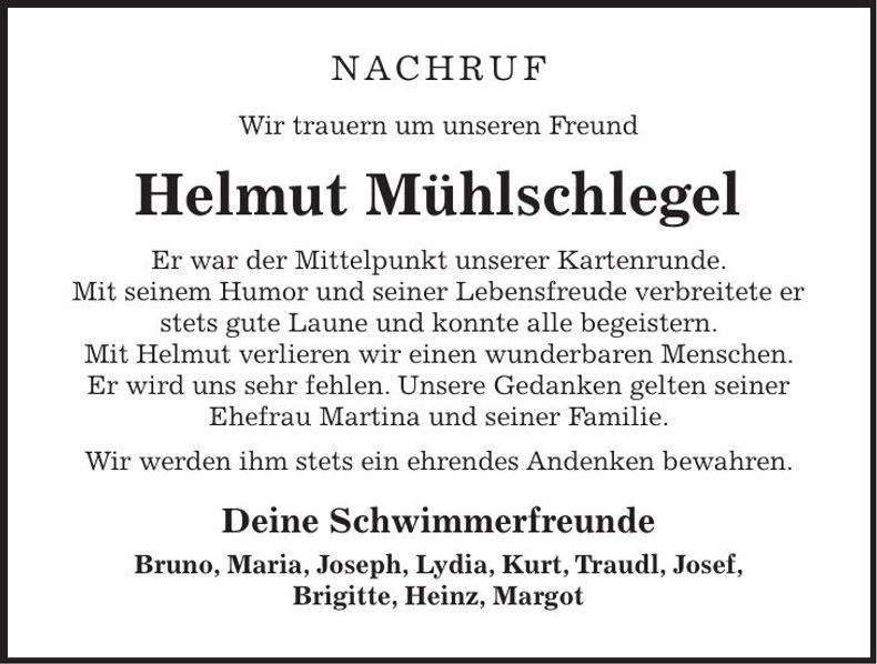 Traueranzeige Helmut Mühlschlegel