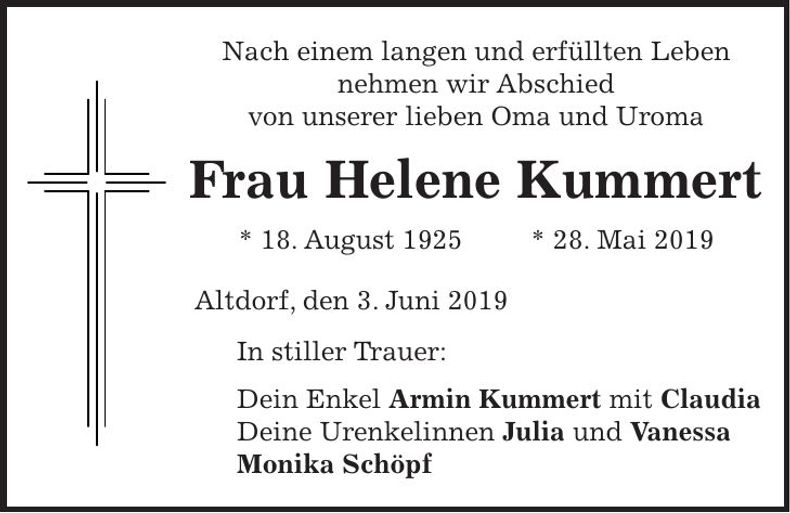 Traueranzeige Helene Kummert