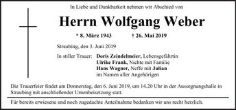 Traueranzeige Wolfgang Weber