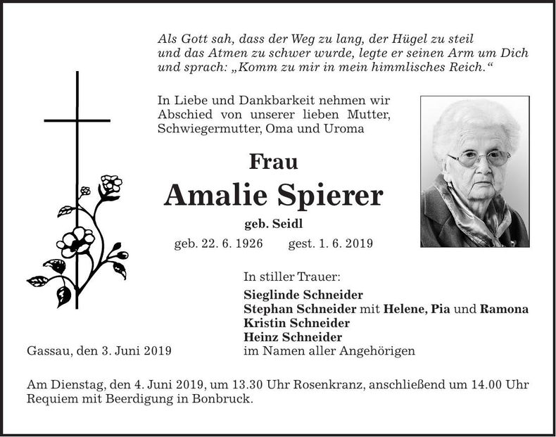 Traueranzeige Amelie Spierer