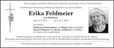 Traueranzeige Erika Feldmeier