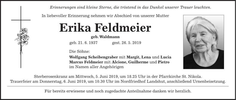 Traueranzeige Erika Feldmeier