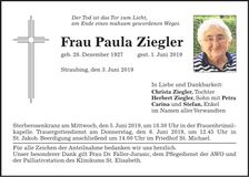 Traueranzeige Paula Ziegler