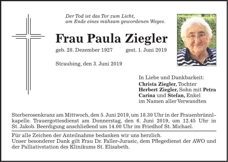 Traueranzeige Paula Ziegler