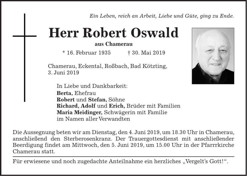 Traueranzeige Robert Oswald