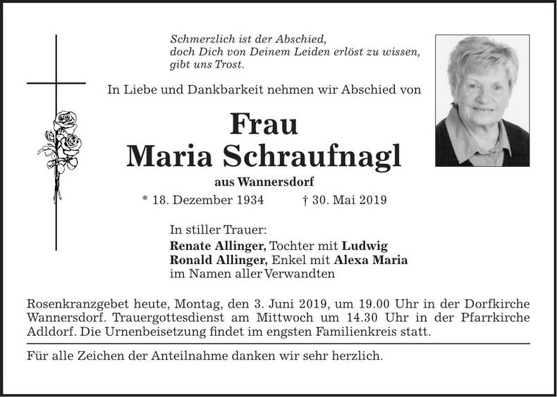Traueranzeige Maria Schraufnagl