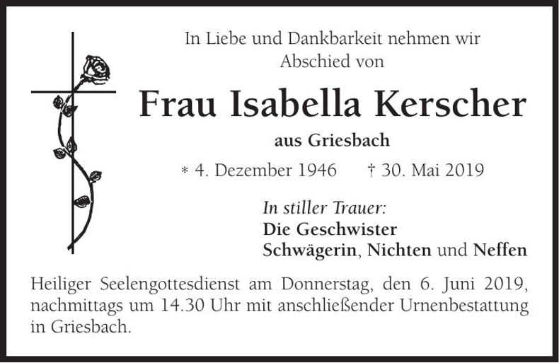 Traueranzeige Isabella Kerscher