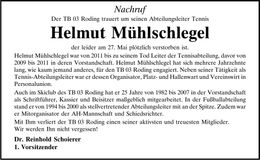 Traueranzeige Helmut Mühlschlegel