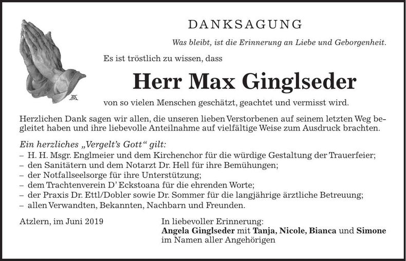 Traueranzeige Max Ginglseder