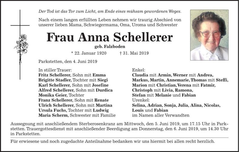 Traueranzeige Anna Schellerer