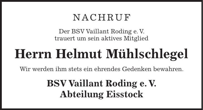 Traueranzeige Helmut Mühlschlegel