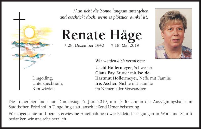 Traueranzeige Renate Häge
