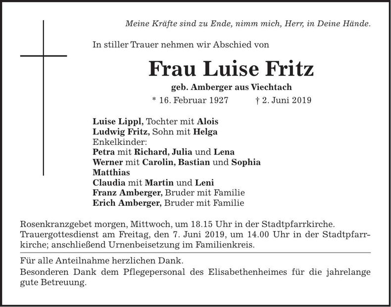 Traueranzeige Luise Fritz