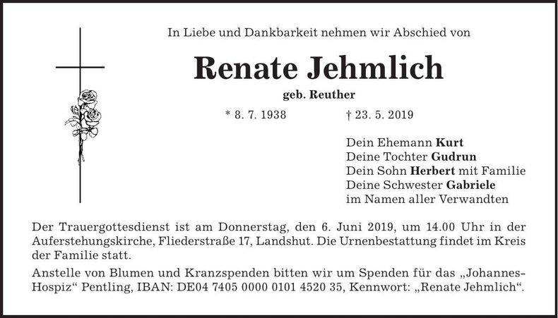 Traueranzeige Renate Jehmlich
